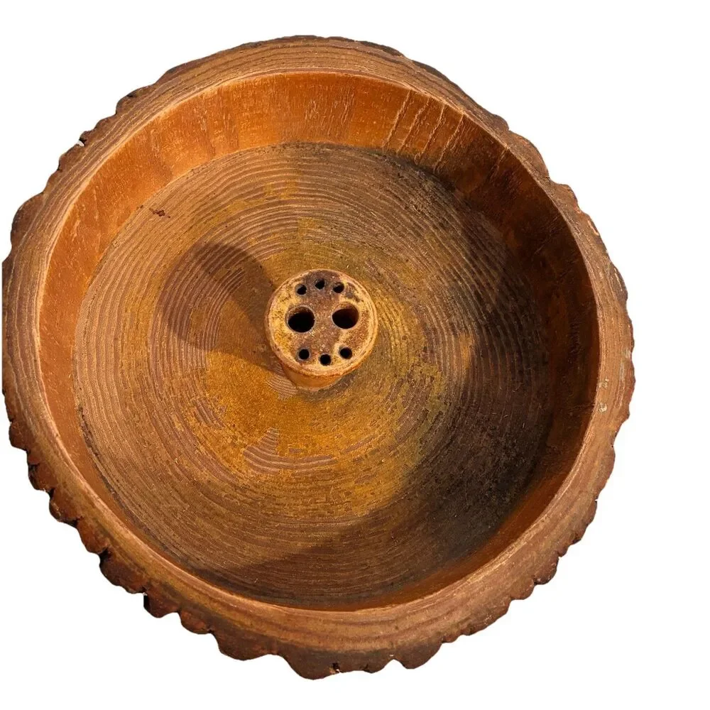 Vintage Live Edge Wood Nut Bowl With Metal Cracker With Built In Tool Holder 9”